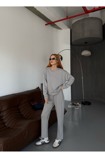 Cappmoda Tkm-1105 Painting Gray Modal Fabric Loose Blouse Grass Carrot Trousers Double Set