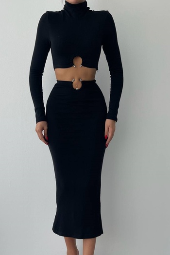 bayansepeti High-Top Black Knitwear Crop Blouse and Midi Skirt - Accessory Suit 336