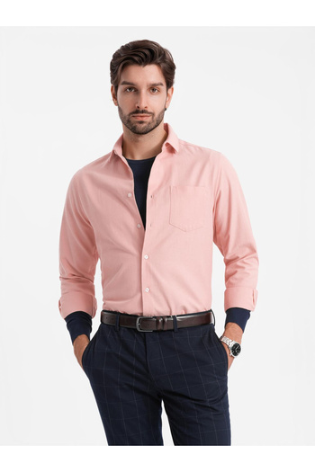 OMBRE Ανδρικό πουκάμισο REGULAR FIT με τσέπη - ροζ V5 OM-SHCS-0148 S