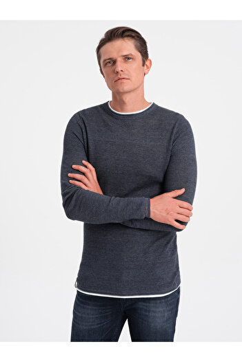 OMBRE Pulover bărbătesc din bumbac cu decolteu rotund - bleumarin melange V3 OM-SWSW-0103 L