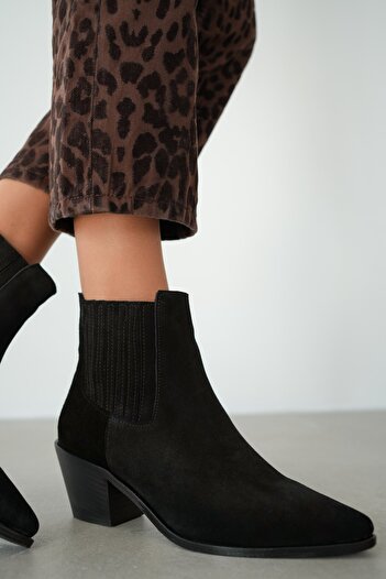 selinshoes Haggy Pointed Toe Suede Elastic Short Heeled Women's Boots - Black