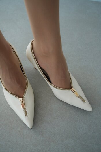 selinshoes Della Pointed Toe Zipper Accessory Women's Low Heel Stiletto- Ekru