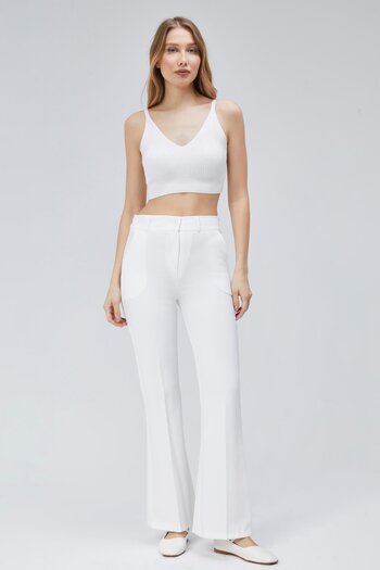 dk denemekabini Women's Spanish Leg Elastic Waist Fabric Trousers - White