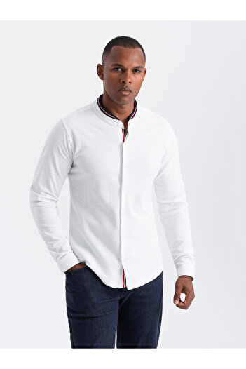 OMBRE Pánská bavlněná košile SLIM FIT s barevnými pruhy se stojatým límečkem - bílá V1 OM-SHCS-0178 L