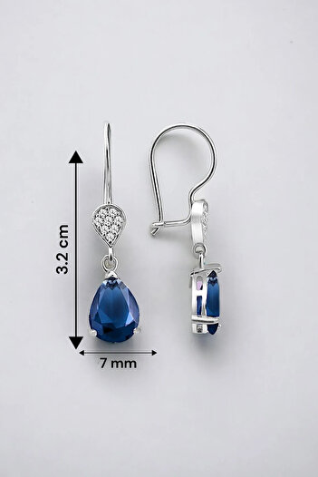 jelux silver Gümüş 925 Ayar Rodyumlu Safir Zirkon Taşlı Pırlanta Montür Mengeçli Damla Küpe