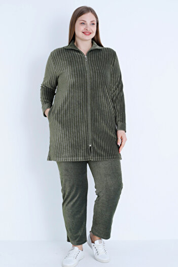 İntensive Women's Plus Size Line Print Long Sleeve Zipper Pocket Cotton Velvet Bottom Top Suit