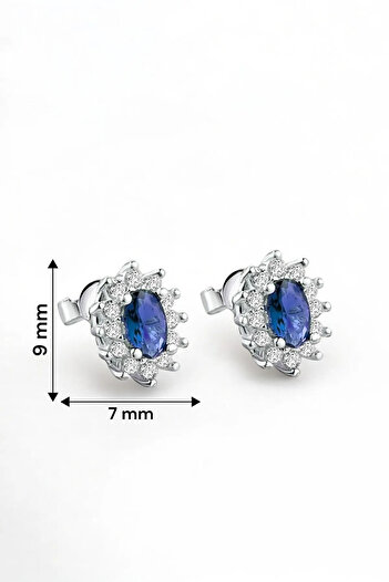 jelux silver Gümüş 925 Ayar Çivili Zirkon Taşlı Anturajlı Safir Oval Küpe