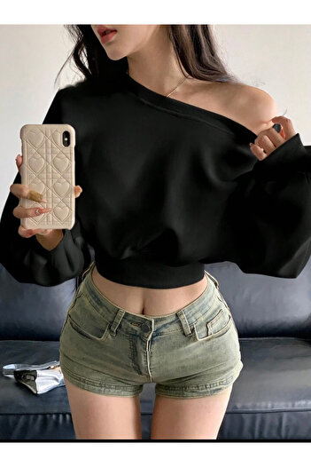 meren like your style Hanorac negru cu mânecă lungă, cu decolteu asimetric, de culoare uni