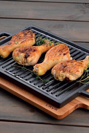 Lava Döküm Demir Dikdörtgen Hot Plate 22x30 Cm Kayın Servis Ahşap Altlıklı