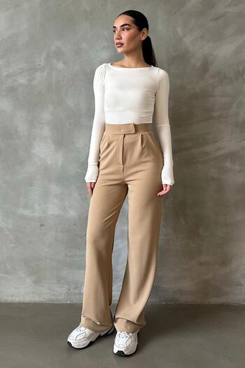 Madmext Beige Lycra Velcro Closure Palazzo Trousers Mg2291