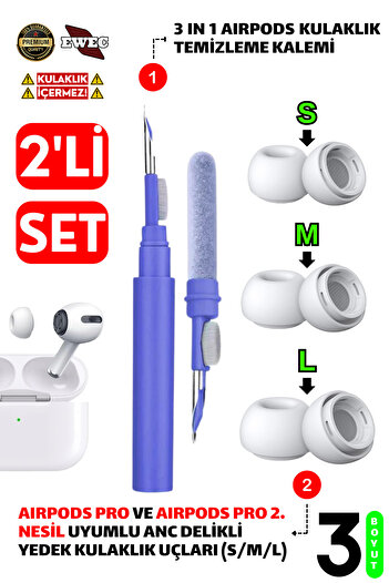 EWEC Pro ve Pro 2.Nesil Uyumlu Anc Delikli Silikon Kulaklık Uçlar (S,M,L) ve 3 in 1 Temizleme Kalemi Seti