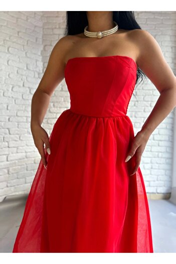 moneta boutique Kadın Straplez Tül Midi Tasarım Elbise - Kırmızı