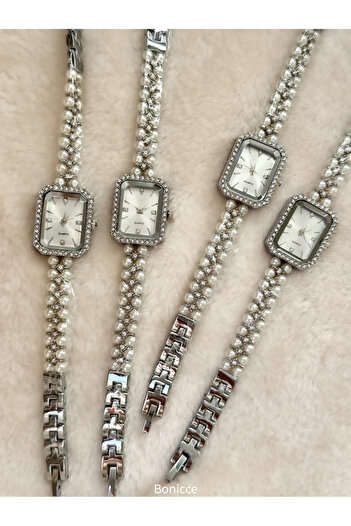 Bonicce Retro Silver Color Pearl Cord, Rectangular Cornered Case Women's Wristwatch in Special Gift Box