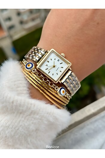 Bonicce Vintage Yellow Silver Metal Cord in Special Gift Box, Square Case Women's Wristwatch