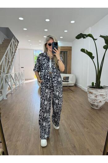 AB LOOKS Black Linen Double Set - Ethnic Patterned Shirt and Trousers, Summer Oversize Bottom and Top Set