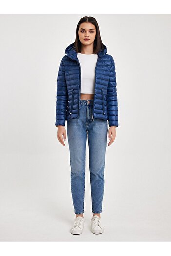 Ltb Plain Hooded Zippered Dark Blue Coat