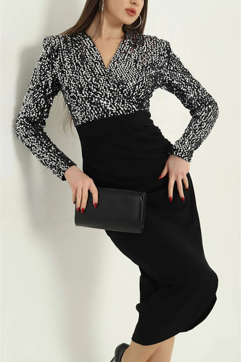 vuvutasarım New Season Padded Sequin Double Breasted Neckline Crep Dress