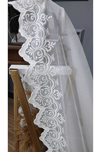 Taç Simple Plain Modern Design 2 Layers Pleated Tulle Curtain with Crown Skirt Embroidery