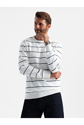 OMBRE Ανδρικό casual πουλόβερ με οριζόντιες ρίγες - κρεμ V2 OM-SWSW-0143 XL