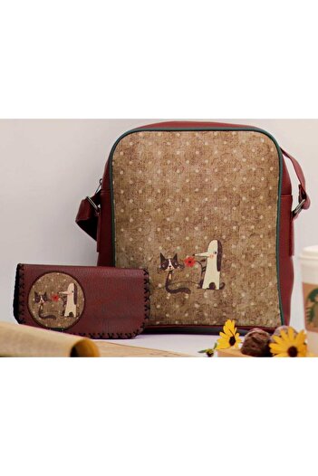 HOODİEMOUSE Big Postman Sleeve Bag with Fox Figure Ethnic Bohemian Style Purse Burgundy, Wallet Burgundy Combin