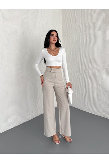 Gugus Women's New Model Fabric Pants Waist with Vecle Bucket Palazzo Wide Bucket