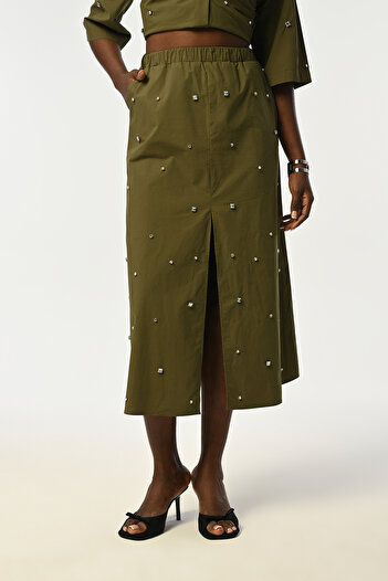 Orfeo Negro Women's Khaki Color Front Stone Embroidered Slip Skirt