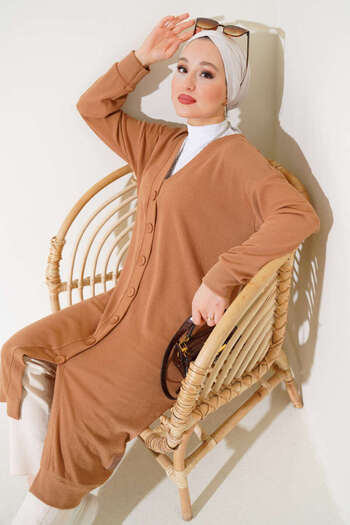 VOLT CLOTHİNG Women's Tall Buttoned Ribbed Long Cardigan