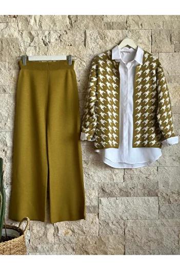 Hatun Atila Hatunatila Goose Feet Patterned Knitwear Double Set Oil Green - 3028