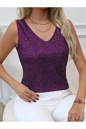 Modamorfo Plum Color Sequin Sequined Zero Sleeve Blouse