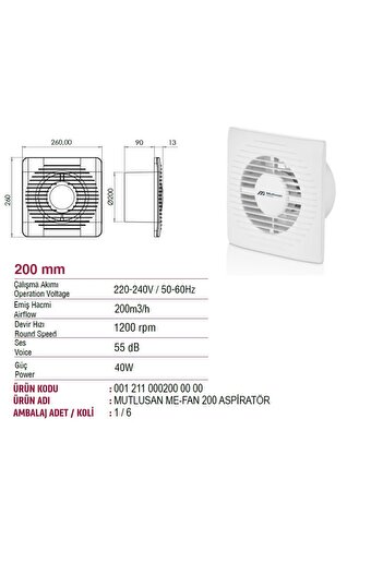 Mutlusan Me-FaN 200'luk Havalandırma Aspiratörü