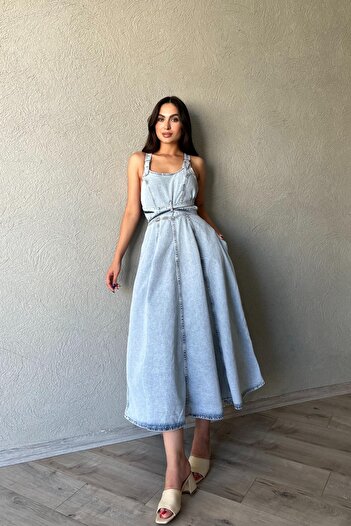 Lady Pixie Μακρύ φόρεμα τζιν με λεπτομέρεια δεσίματος