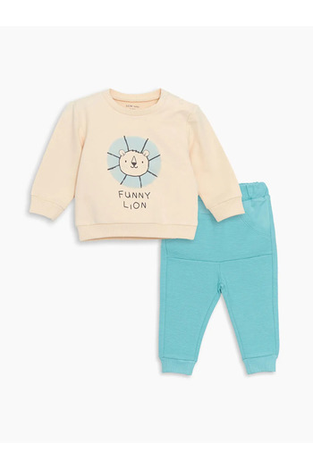 LC Waikiki Lcw Baby Beige Baby Boy Sweatshirt and Sweatpants - Crew Neck, Printed Set of 2