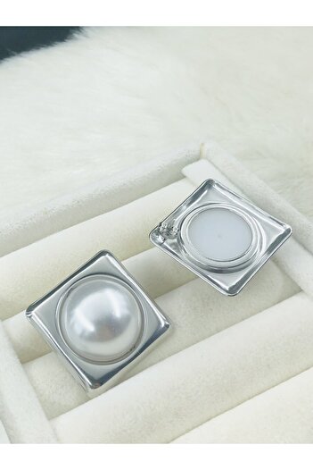 DS DİAMONDSHOP Pearl Square Model Steel Earrings - Byçkp- 202502813