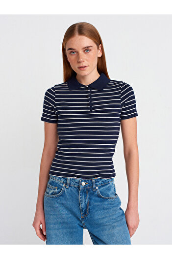 Dilvin 31464 Μπλουζάκι με ριγέ Polo Neck-Navy Blue