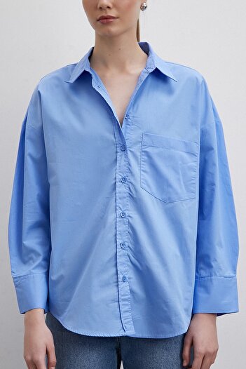 Never more Μπλε Oversize βαμβακερό πουκάμισο
