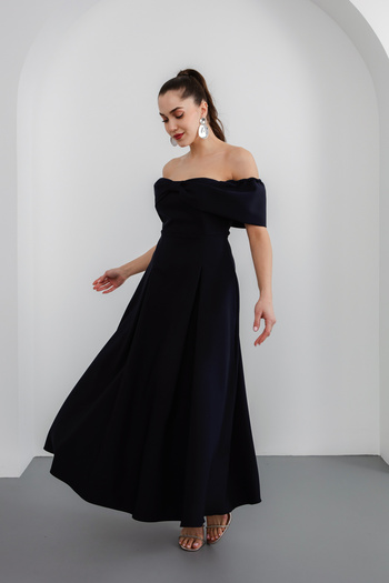 Lafaba Women's Navy Blue Bow Detailed Strapless Flared Dress