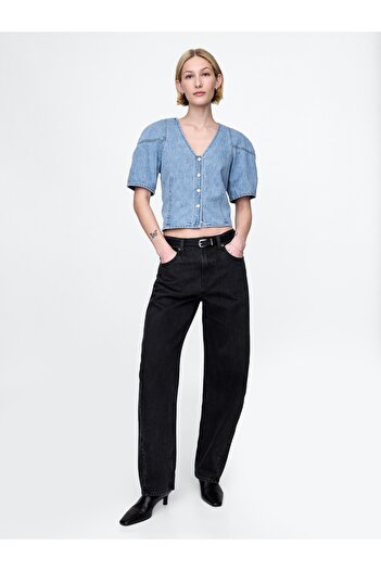 GAP Kadın Mavi Kabarık Kol Denim Crop Bluz