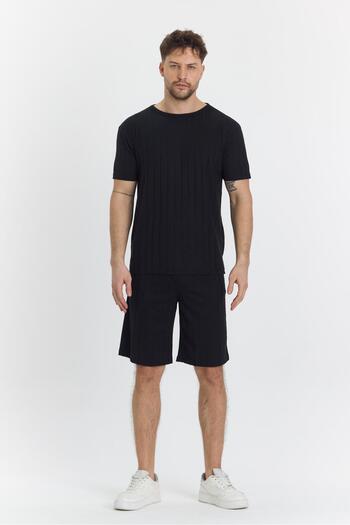 TRENDHİLL Black Men's Striped Polycotton T-Shirt and Shorts Set 5734-S