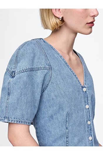 GAP Kadın Mavi Kabarık Kol Denim Crop Bluz