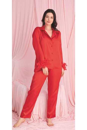 SATTENS Silky Satin Pajama Suit with Otrish Feather on the Sleeves