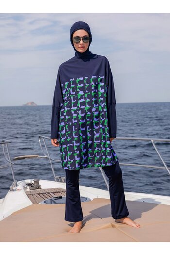 Mayo Bella Μαγιό Hijab με μοτίβο με νυχτερίδα - Navy Blue - Μαγιό Bella