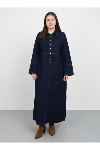 ALİA Plus Size Denim Dress with Button Pockets - Dark Navy - Alia