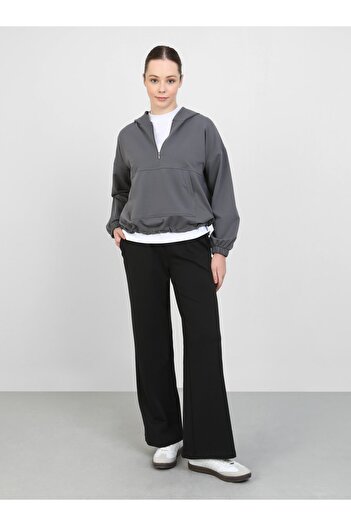 Benin Hooded Zipper Detailed Short Sweatshirt - Anthracite - Benin