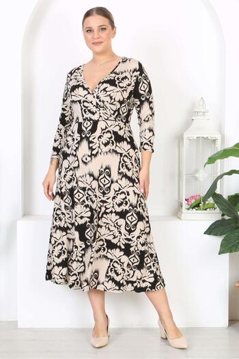 Mooi XXL Women's Beige Black Ethnic Pattern Long Sleeve Double Breasted Collar Plus Size Maxi Dress