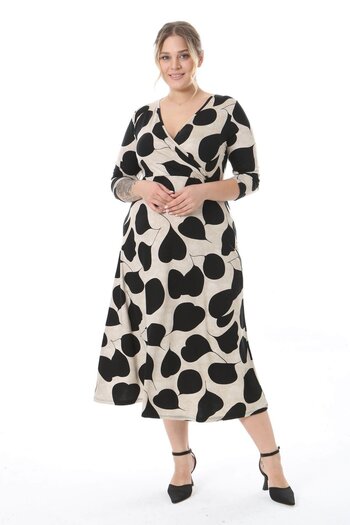 Mooi XXL Women's Beige Black Leaf Pattern Long Sleeve Double Breasted Lapel Plus Size Maxi Dress