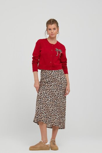Naar Women's Button Closure Red Cardigan with Bow Pattern on the Left Chest Naar91632-Red