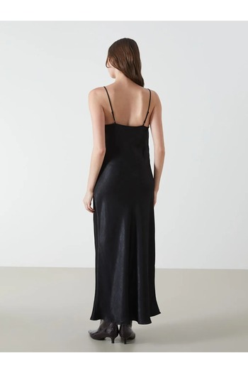 LC Waikiki Lcw Vision Black V-Neck Lace Detail Satin Women's Dress