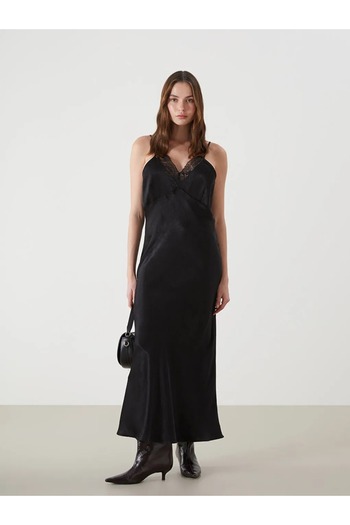 LC Waikiki Lcw Vision Black V-Neck Lace Detail Satin Women's Dress