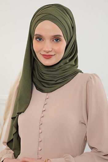 Aisha's Design Front Cross Stitching Gathered Practical Combed Cotton Shawl, Cps-45, Cps-45, Khaki