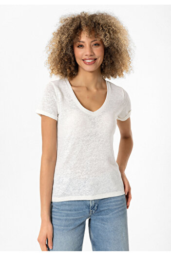Williot Nives Ecru V-Neck Short Sleeve Slim Fit Cotton Patterned Fabric Women's T-Shirt